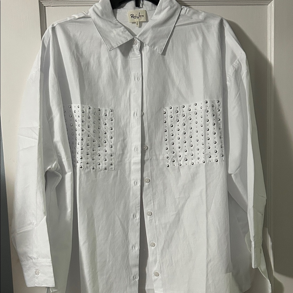 Rivamonti White Button-Up Shirt with Silver Stud Pockets